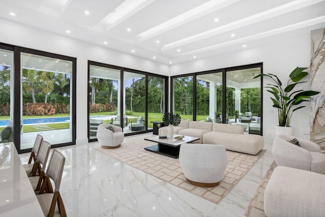 living room featuring beam ceiling