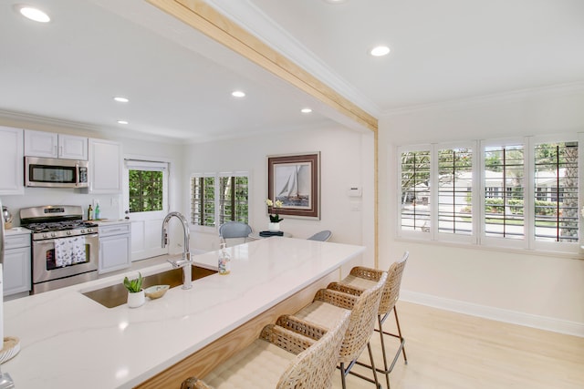 kitchen featuring a breakfast bar area, appliances with stainless steel finishes, light stone counters, and a healthy amount of sunlight