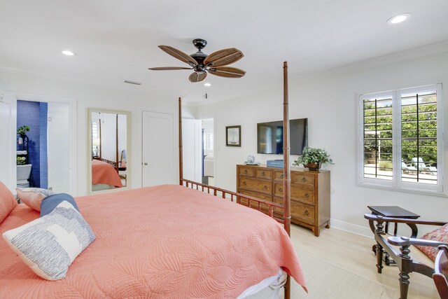 bedroom featuring ceiling fan, light hardwood / wood-style flooring, and crown molding