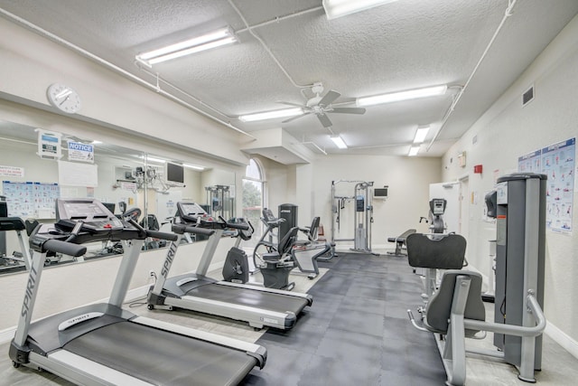 workout area featuring ceiling fan and a textured ceiling