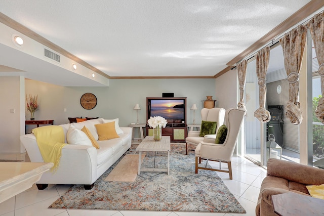 living room featuring light tile patterned floors, a textured ceiling, and crown molding