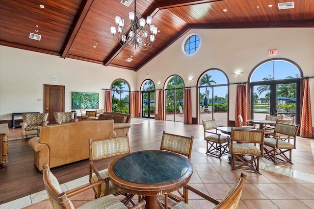 dining space featuring a healthy amount of sunlight, high vaulted ceiling, wooden ceiling, and a notable chandelier