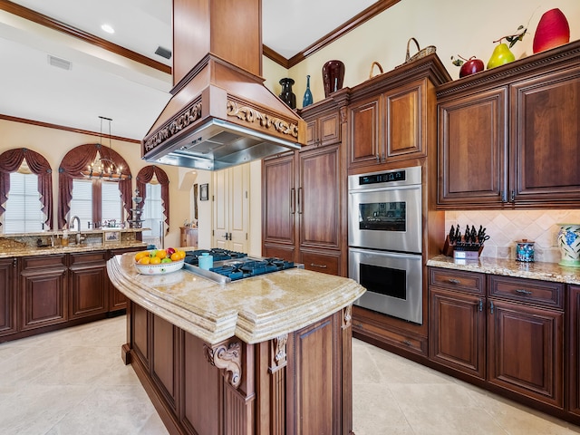 dining room featuring ceiling fan with notable chandelier, crown molding, and light tile patterned floors