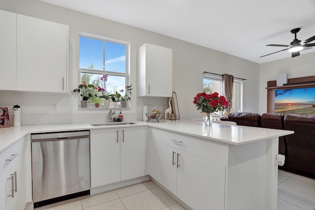 kitchen featuring ceiling fan, dishwasher, kitchen peninsula, and sink