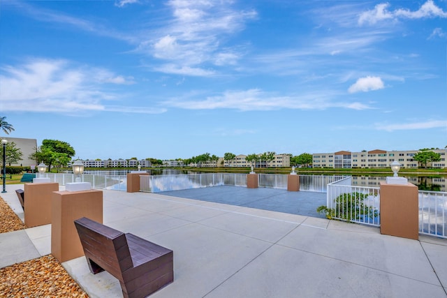 exterior space with a water view