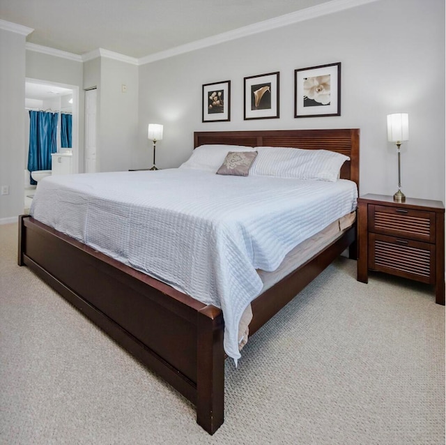 carpeted bedroom featuring ornamental molding