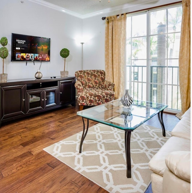 living room with wood-type flooring, a textured ceiling, and ornamental molding