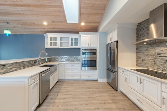 kitchen with appliances with stainless steel finishes, wall chimney range hood, sink, wooden ceiling, and white cabinets