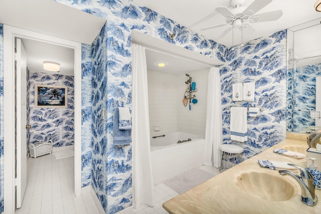 bathroom featuring vanity, tile patterned floors, and ceiling fan