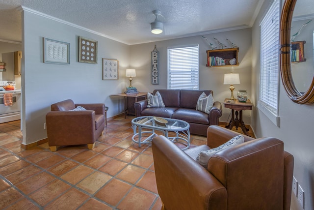 living room with tile patterned flooring, a textured ceiling, and ornamental molding