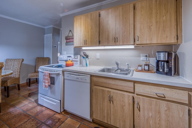 kitchen featuring light brown cabinetry, white appliances, crown molding, and sink