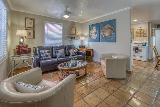 living room featuring a textured ceiling, tile patterned flooring, and crown molding