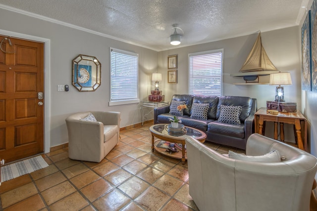 tiled living room featuring a textured ceiling and crown molding