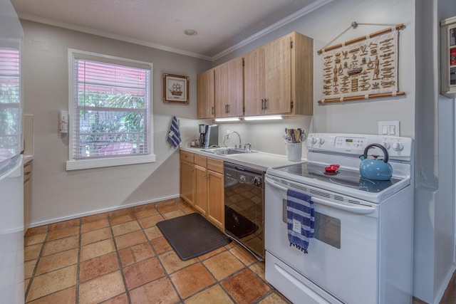 kitchen featuring sink, tile patterned flooring, white appliances, light brown cabinetry, and ornamental molding