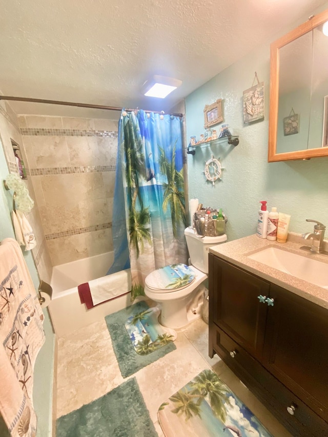 full bathroom featuring tile flooring, vanity with extensive cabinet space, a textured ceiling, shower / bathtub combination with curtain, and toilet