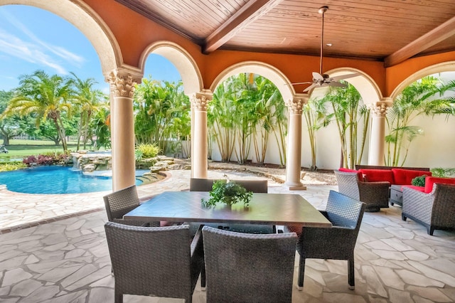 view of patio / terrace with ceiling fan and an outdoor hangout area