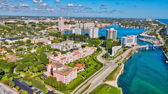 birds eye view of property featuring a water view