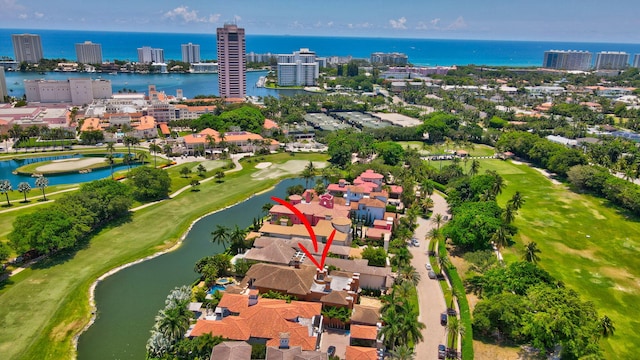 drone / aerial view featuring a water view