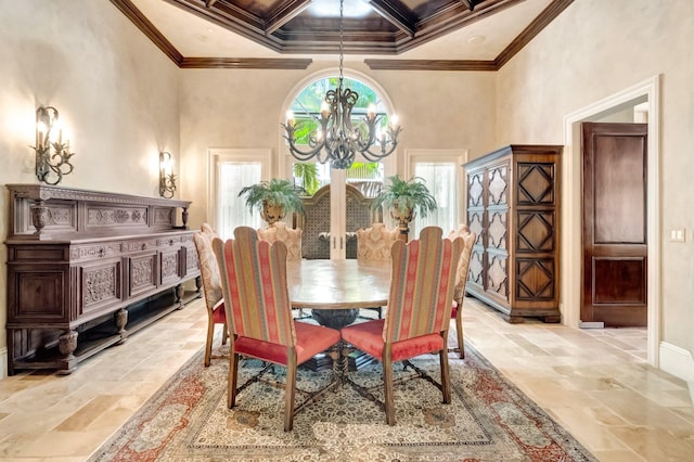 dining area featuring a towering ceiling, coffered ceiling, crown molding, a notable chandelier, and beamed ceiling