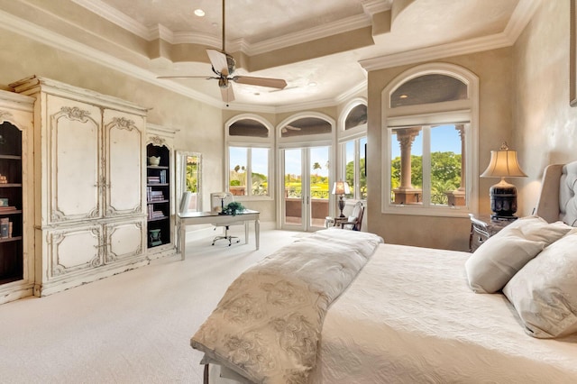 carpeted bedroom featuring ceiling fan and ornamental molding