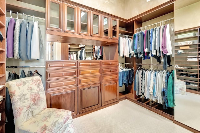 walk in closet featuring light carpet