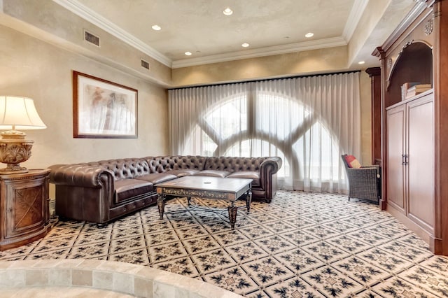 living room with ornamental molding