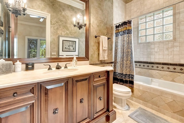 full bathroom with shower / bathtub combination with curtain, vanity, toilet, and ornamental molding