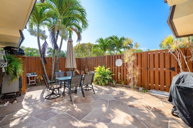 view of patio with outdoor dining space, a fenced backyard, and area for grilling