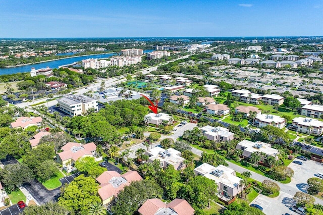 drone / aerial view with a water view