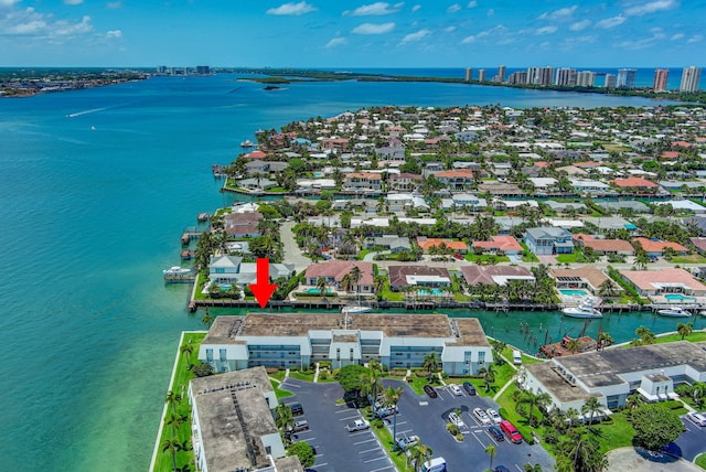 bird's eye view with a water view