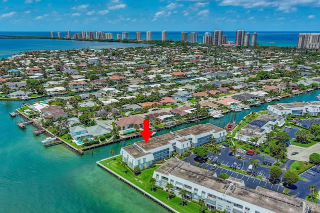 drone / aerial view with a water view