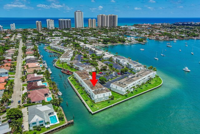 aerial view featuring a water view