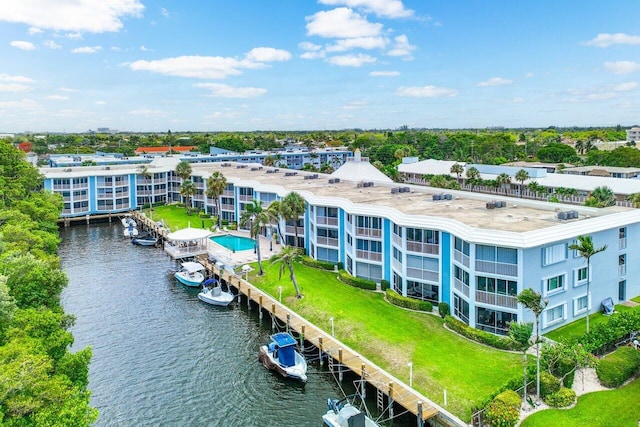 bird's eye view with a water view