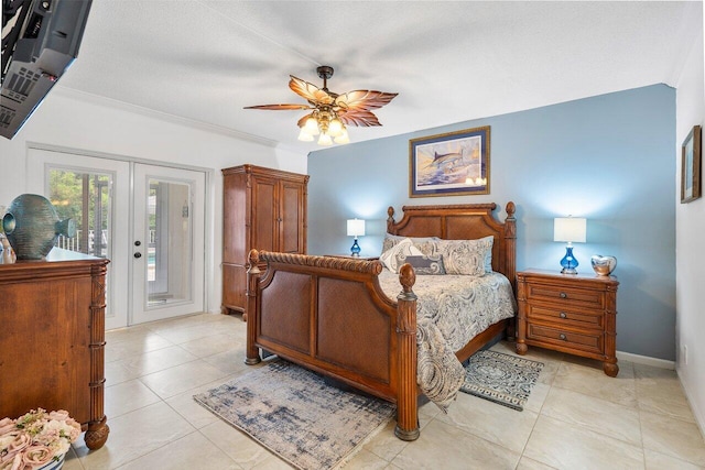 bedroom featuring french doors, crown molding, ceiling fan, access to exterior, and light tile patterned flooring