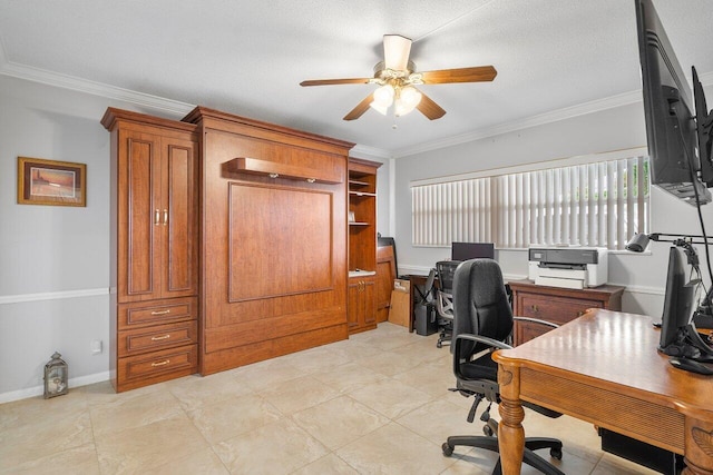 home office featuring a textured ceiling, ceiling fan, and ornamental molding