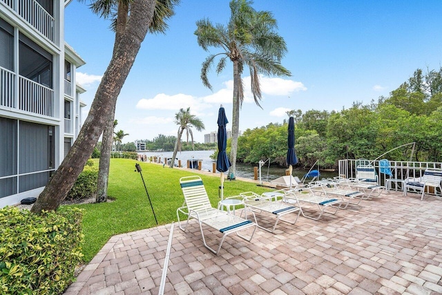 view of patio / terrace featuring a water view