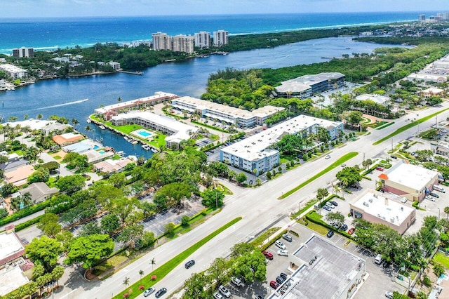 bird's eye view with a water view