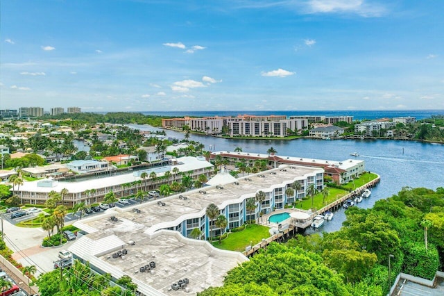 drone / aerial view featuring a water view