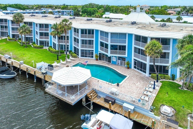 view of pool with a water view