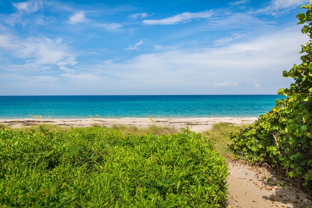 view of water feature with a beach view