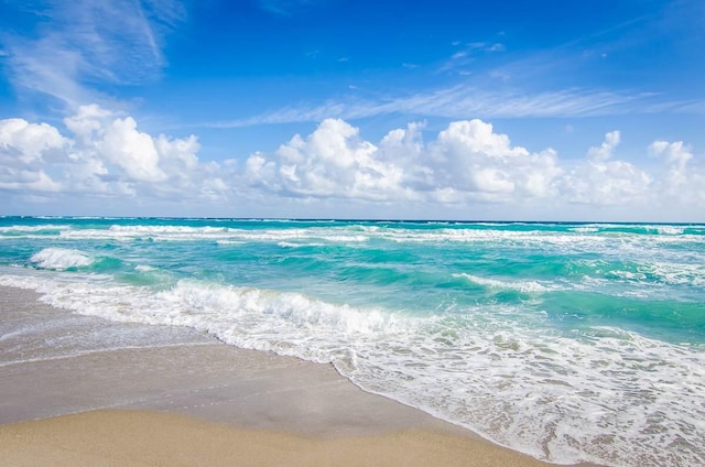 view of water feature with a beach view