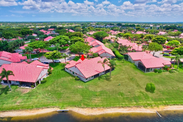 drone / aerial view featuring a water view