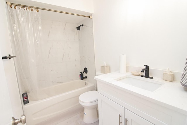 full bathroom featuring toilet, vanity, and shower / tub combo with curtain