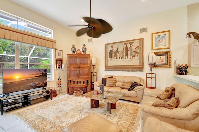 living room featuring ceiling fan