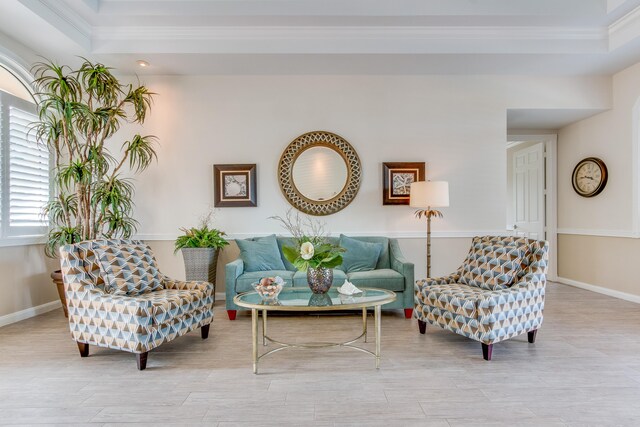 sitting room with a tray ceiling and ornamental molding