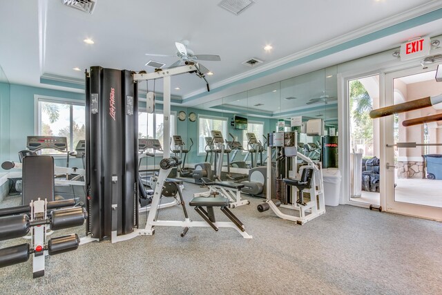 workout area with a tray ceiling, crown molding, and ceiling fan