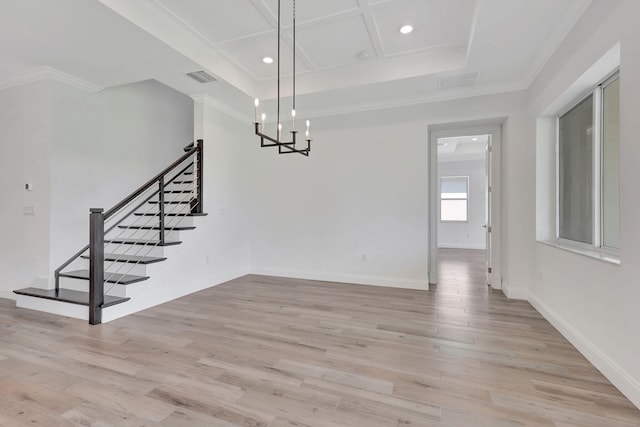 unfurnished dining area with coffered ceiling, recessed lighting, baseboards, and light wood finished floors