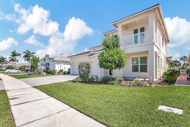 view of front facade featuring a balcony, driveway, a residential view, stucco siding, and a front lawn