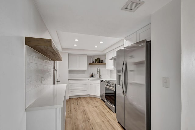 kitchen featuring sink, decorative backsplash, light wood-type flooring, appliances with stainless steel finishes, and white cabinetry