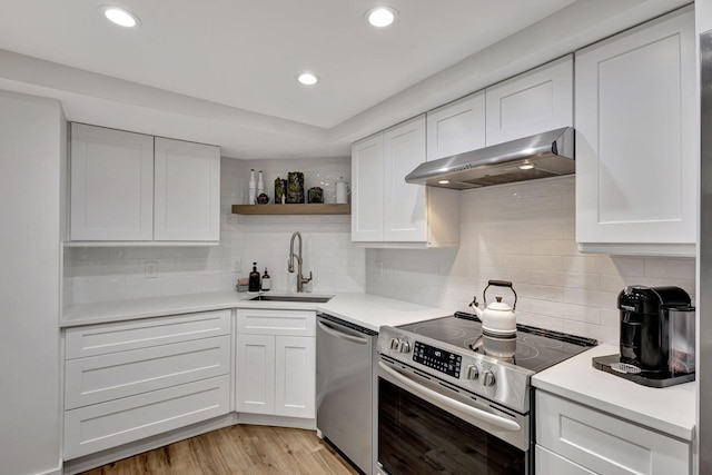 kitchen with white cabinetry, sink, stainless steel appliances, and extractor fan